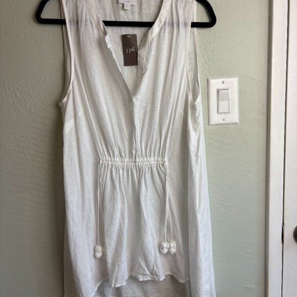 J.Jill White Linen Blend Sleeveless Tunic Top Pom Tassel Waist Drawstring L NWT - Picture 1 of 8